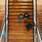 escaliers en bois avec rambardes peintes en blanc